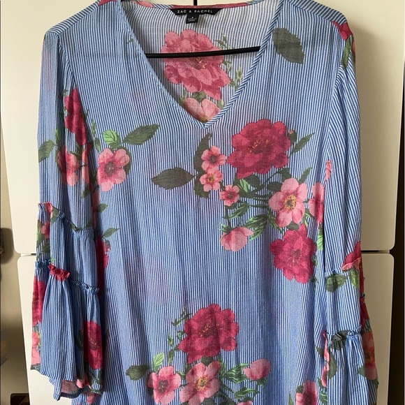 Zac & Rachel Women’s Small Blouse Floral On  Blue White Strips - Picture 1 of 8
